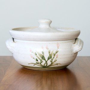 WHYNOT North Carolina Pottery Covered Dish Pot Lid Clay Glaze Pink Floral Spring
